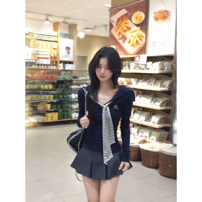 Gentle Style Striped Slim-Fit Navy Collar Dark Blue Long-Sleeve T-Shirt for Girls Early Autumn Miu Style Inner Layer Base Shirt Top Gentle Style Striped Slim-Fit Navy Collar Dark Blue Long-Sleeve T-Shirt for Girls Early Autumn Miu Style Inner Layer Base Shirt Top