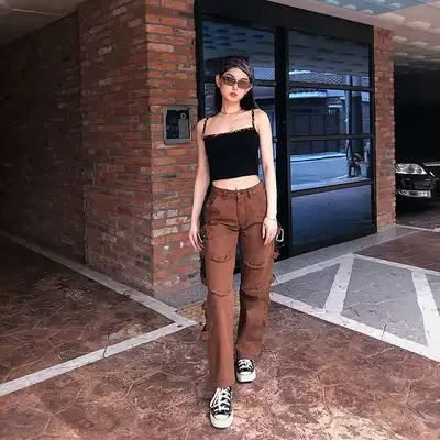 IC retro hot girl debut dyed fashionable brown and washed old breathable hard design feel overalls