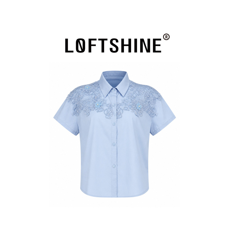 Loftshine Lapel Lace Embroidered Shirt Elegant Short-Sleeved Top Ls708B85081 Loftshine Lapel Lace Embroidered Shirt Elegant Short-Sleeved Top Ls708B85081