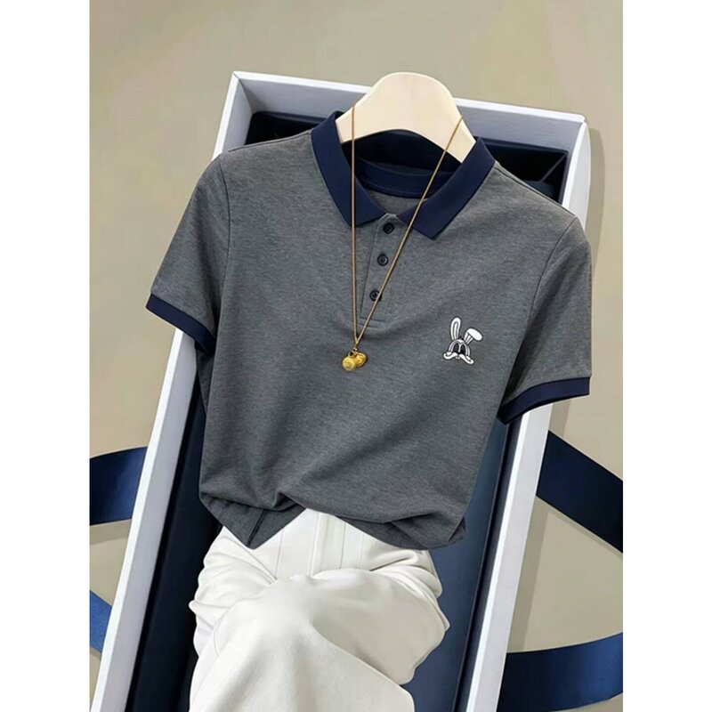 Dzoe Color-Blocked Regular Shoulder Pure Cotton Polo Collar Short-Sleeve T-Shirt for Women, Stylish Versatile Top, Slimming Base Shirt for Summer Dzoe Color-Blocked Regular Shoulder Pure Cotton Polo Collar Short-Sleeve T-Shirt for Women, Stylish Versatile Top, Slimming Base Shirt for Summer