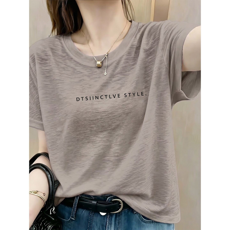 Dzoe Light Coffee Color Bamboo Cotton Simple Letter Print Short-Sleeve T-Shirt for Women 2026 Summer Loose Casual Round Neck Basic Top