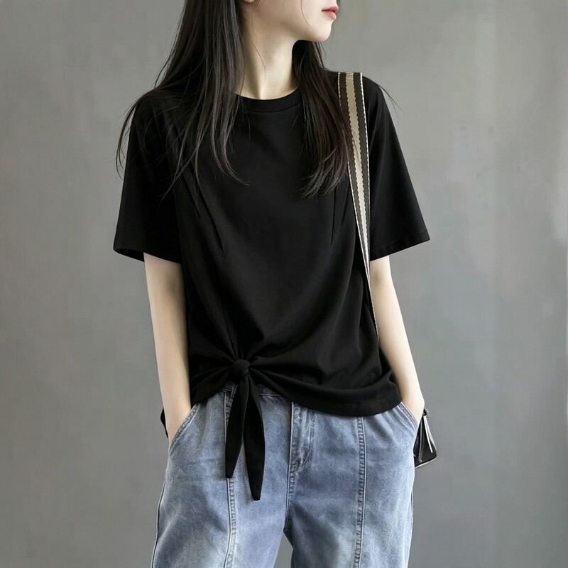 Dzoe Minimalist Style Black Twisted Short-Sleeve T-Shirt for Women 2026 Summer Plus-Size Loose Trendy Versatile Slimming Top