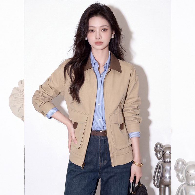 Korean Style Khaki Lapel Work Jacket for Women, Early Autumn Versatile Casual Short Jacket