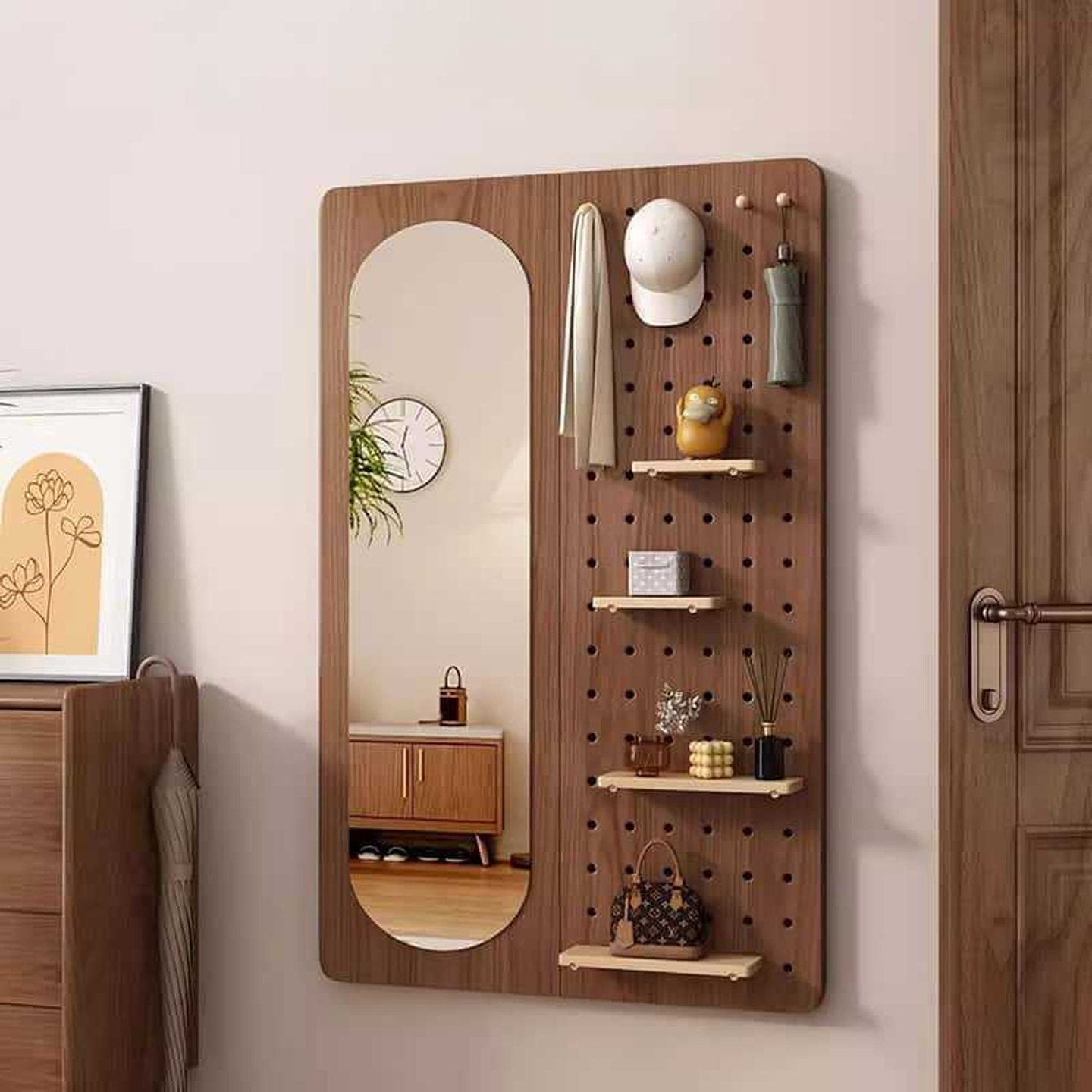 Solid wood hole board installation-free full-length mirror storage rack
