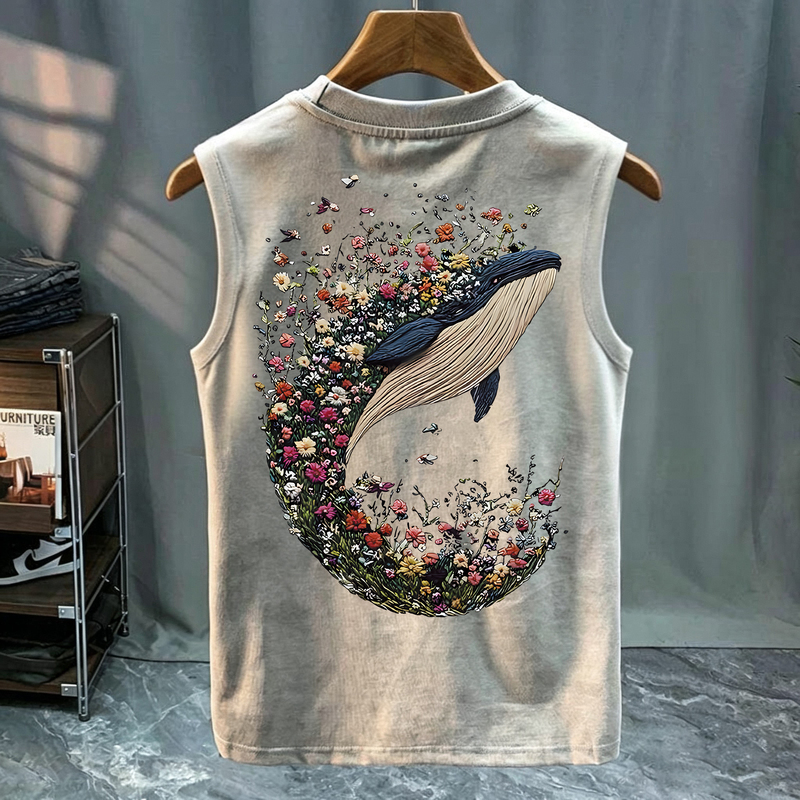 Design-Focused, Unique, Faux-Embroidered Floral and Whale Print Casual Sleeveless T-Shirt for Men and Women, Loose-Fitting Vest for Summer Design-Focused, Unique, Faux-Embroidered Floral and Whale Print Casual Sleeveless T-Shirt for Men and Women, Loose-Fitting Vest for Summer