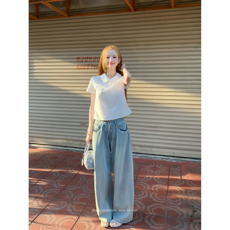 Squid Frozen Pear Soup Yuyu【Private Label Blue Niu Niu】 Fashionable Vintage Washed Multi-Button Versatile Jeans