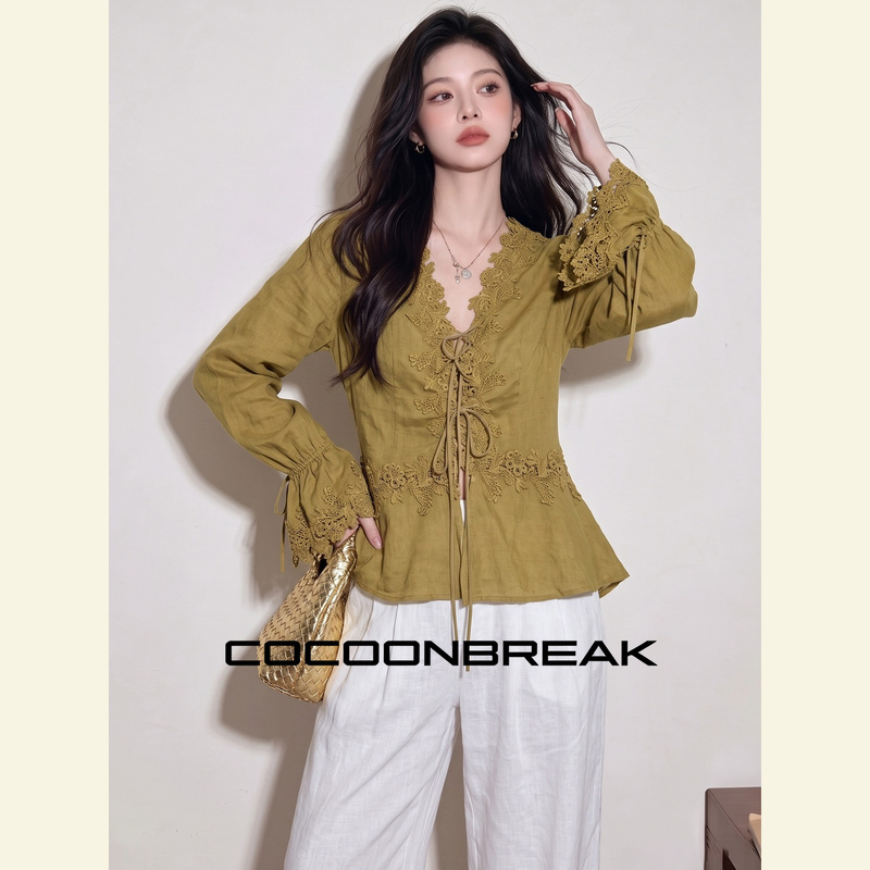 Cocoonbreak Autumn Super Stylish Top Unique and Chic Blouse Mustard Yellow Lace Linen Shirt Cocoonbreak Autumn Super Stylish Top Unique and Chic Blouse Mustard Yellow Lace Linen Shirt