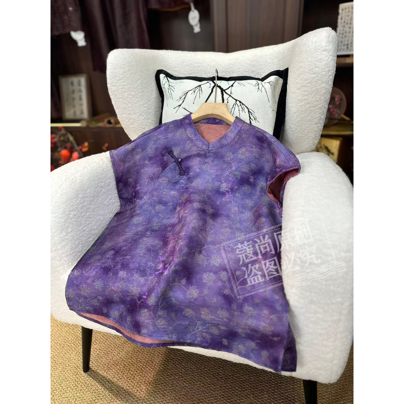 Summer New Style New Chinese-Style Loose-Fitting Slimming Top with Diagonal Collar, Stand-Up Collar, Purple Linen, Dropped Shoulders, and Flying Sleeves