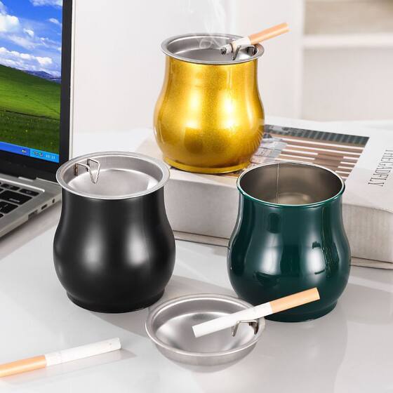 Thickened Stainless Steel Drum-Shaped Ashtray with Lid, Windproof Funnel, Personalized Creative Trendy Design for Home, Office, and Car Use
