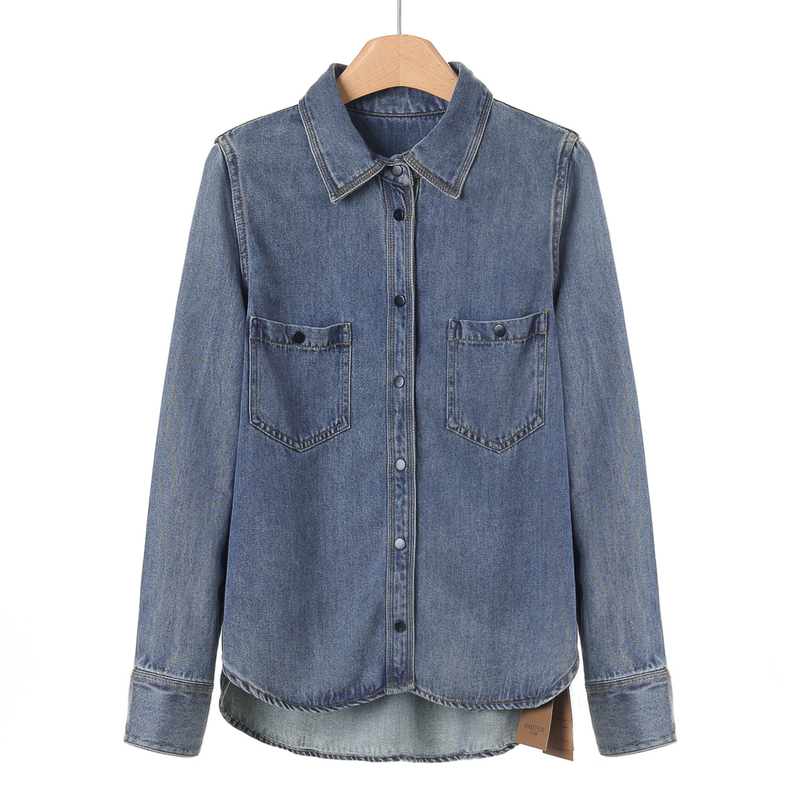 [Marco Fith] 50% Lyocell [Si] Autumn Collection Asymmetrical Curved Hem Snap Button Denim Shirt 798