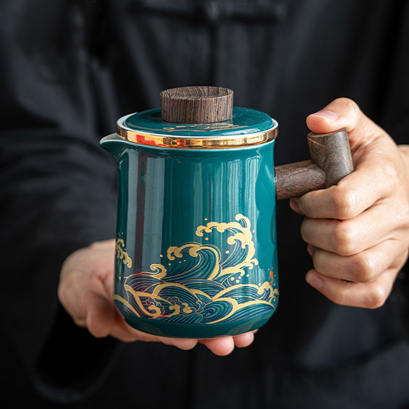 Wave travel tea set for outdoor use Tianna portable camping tea set ceramic quick cup five cups wooden handle