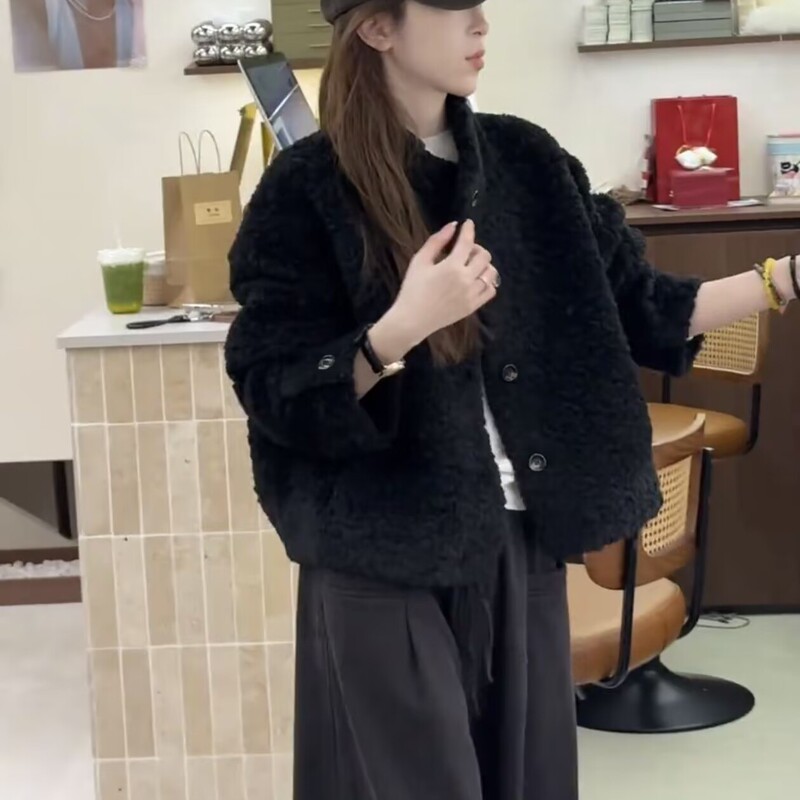 Korean-Style Stand-Collar Lamb Fur Integrated Coat for Women, 2026 Autumn and Winter New Style, Elegant and Versatile, Slimming Fur Top
