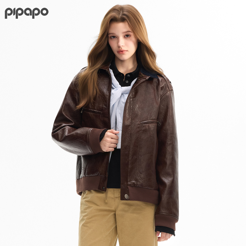Pipapo Basic Series - Contrast Color Collar Cotton Leather Jacket for Women, Winter Relaxed Vintage Motorcycle Jacket Pipapo Basic Series - Contrast Color Collar Cotton Leather Jacket for Women, Winter Relaxed Vintage Motorcycle Jacket