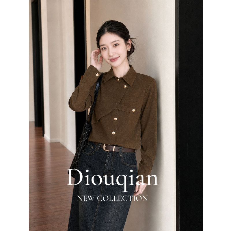 2026 Summer New Style Dark Coffee Color Lapel Long-Sleeve Asymmetrical Metal Button Casual Elegant Women's Versatile Shirt