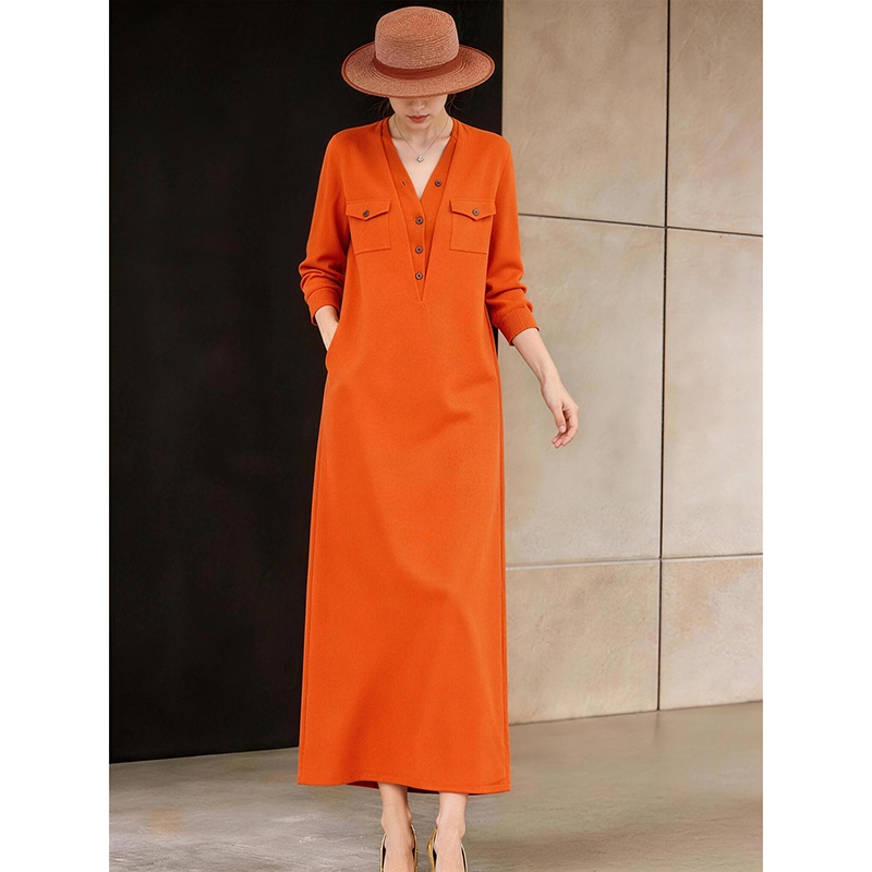 Orange Dress 2026 Autumn New Style Women's Korean Version Niche Design Trendy Atmosphere Light Luxury Beautiful Long Dress