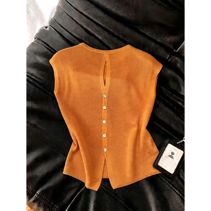 Unique Orange Backless Ice Silk Knitted T-Shirt for Women, Summer Design, Niche and Chic, Sleeveless Top for Hot Girls Unique Orange Backless Ice Silk Knitted T-Shirt for Women, Summer Design, Niche and Chic, Sleeveless Top for Hot Girls