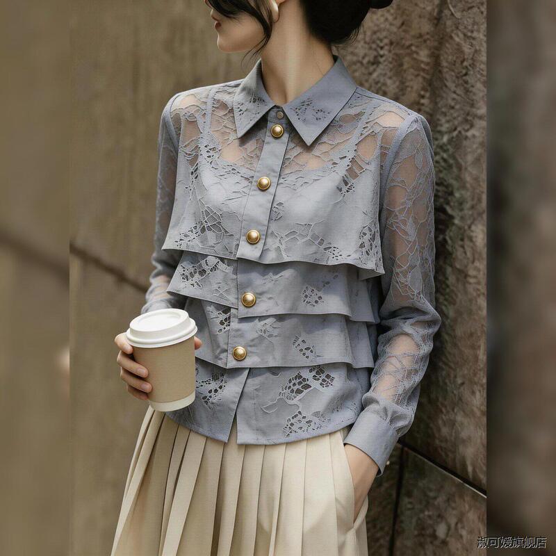 2026 Summer New Style Light Luxury Gray Lace Shirt for Women, Plus Size Layered Design with Metal Buttons, Slimming Top