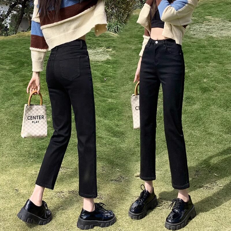 Black Straight-Leg Cigarette Jeans for Women, High-Waisted, New 2026 Spring/Summer Thin Style, Slimming, Cropped Pants