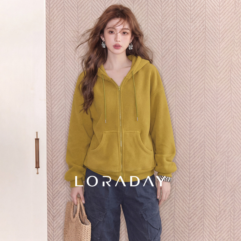Lora Day Korean Chic Unique Design Top Retro Fashion Stylish Hooded Zipper Sweatshirt Jacket Autumn