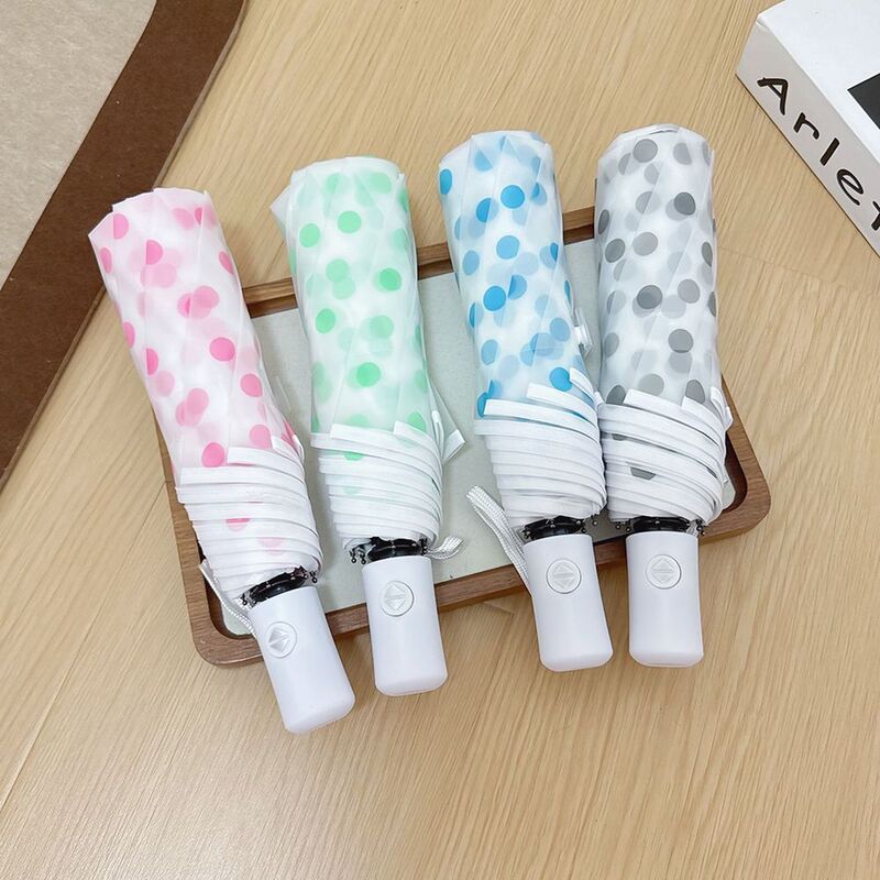 Foldable Transparent Umbrella with Polka Dots, Frosted Round Polka Dots, Plastic, Fresh, Fully Automatic, Forest Style, Cute, Thickened, Trendy