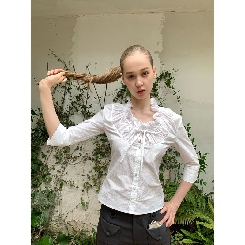 Soomie Drawstring Lace Patchwork Tie Waist White Mid-Sleeve Shirt Top Summer Women's Versatile Slimming Shirt Soomie Drawstring Lace Patchwork Tie Waist White Mid-Sleeve Shirt Top Summer Women's Versatile Slimming Shirt