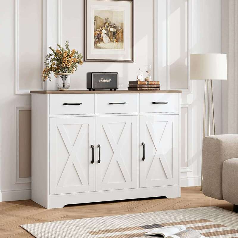 Modern Farmhouse Sideboard Buffet Cabinet with Barn Doors, Self-Service Storage Cabinet with Drawers and Shelves, Wooden Coffee Bar Cabinet Modern Farmhouse Sideboard Buffet Cabinet with Barn Doors, Self-Service Storage Cabinet with Drawers and Shelves, Wooden Coffee Bar Cabinet