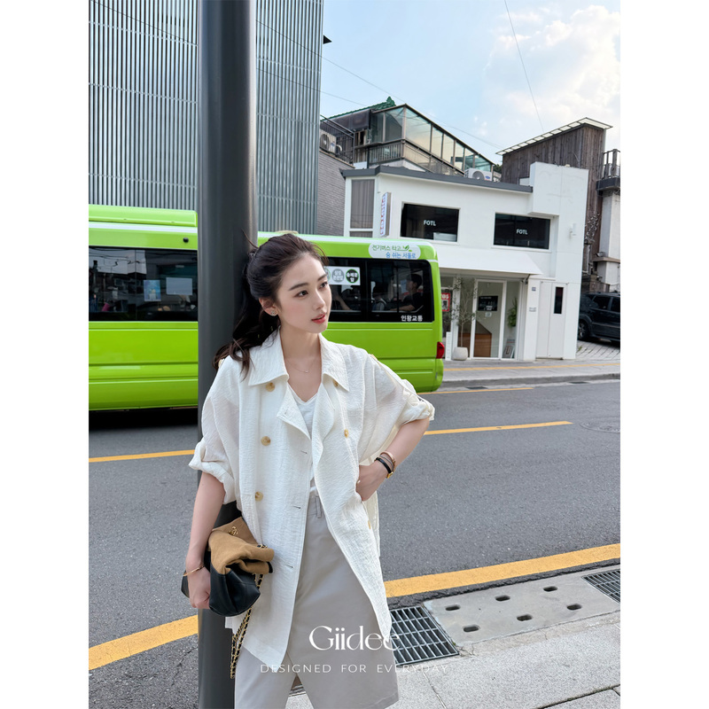 Giidee Deng Xiaohang【Seine River】Linen Trench Coat White Short Style Waist-Cinching Loose Lapel Jacket for Autumn Giidee Deng Xiaohang【Seine River】Linen Trench Coat White Short Style Waist-Cinching Loose Lapel Jacket for Autumn