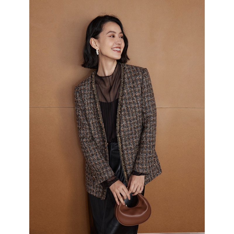 【Clearance of Discontinued Sizes 50% off】Artistic Walnut Mixed-Color Plaid Chanel-Style Collarless Boxy Silhouette Elegant Jacket 【Clearance of Discontinued Sizes 50% off】Artistic Walnut Mixed-Color Plaid Chanel-Style Collarless Boxy Silhouette Elegant Jacket
