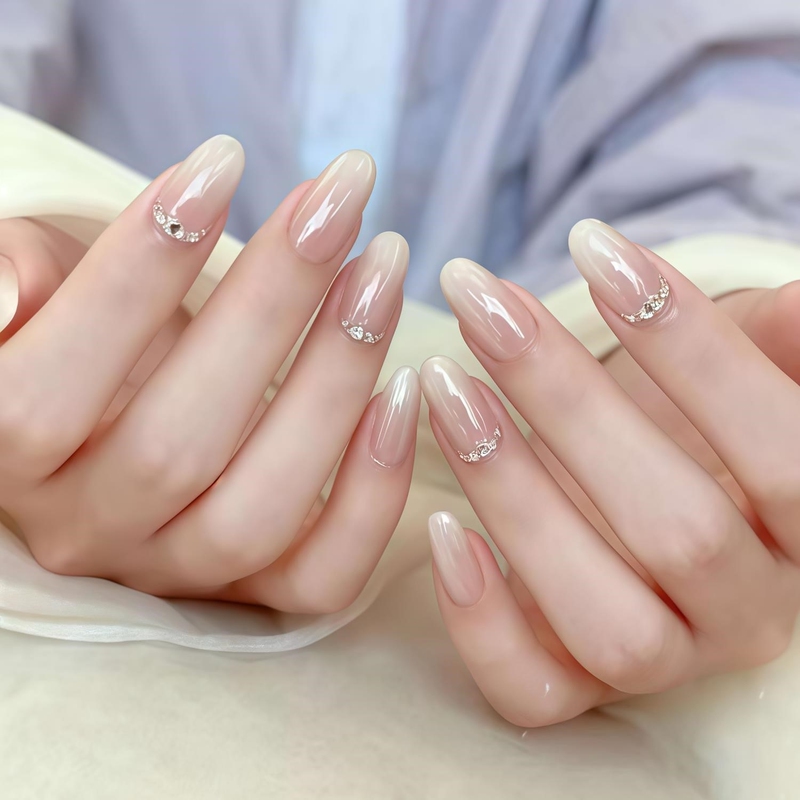 2026 New High-End Handmade Wearable Nails, Hailey White Moonlight Crushed Diamond Whitening Fake Nails, Bridal Wedding Nails