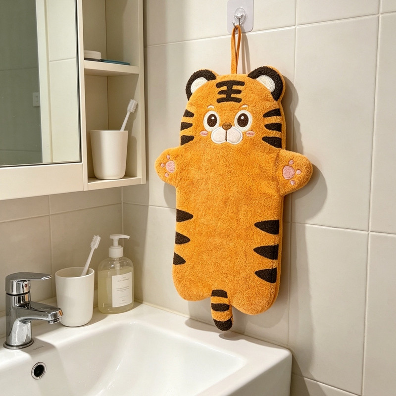 Creative Cartoon Little Tiger Oversized and Thickened Coral Fleece Hand Towel, Special Hanging Towel for Kitchen and Bathroom