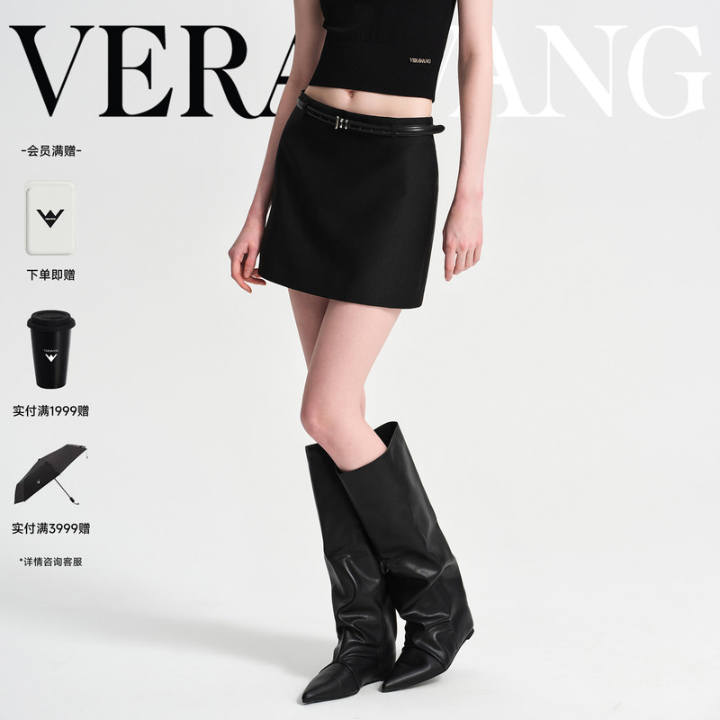 Verawang Black High-Waisted A-Line Short Skirt for Women, Summer Designer Style, High-End Luxury Half-Skirt, Comes with a Belt
