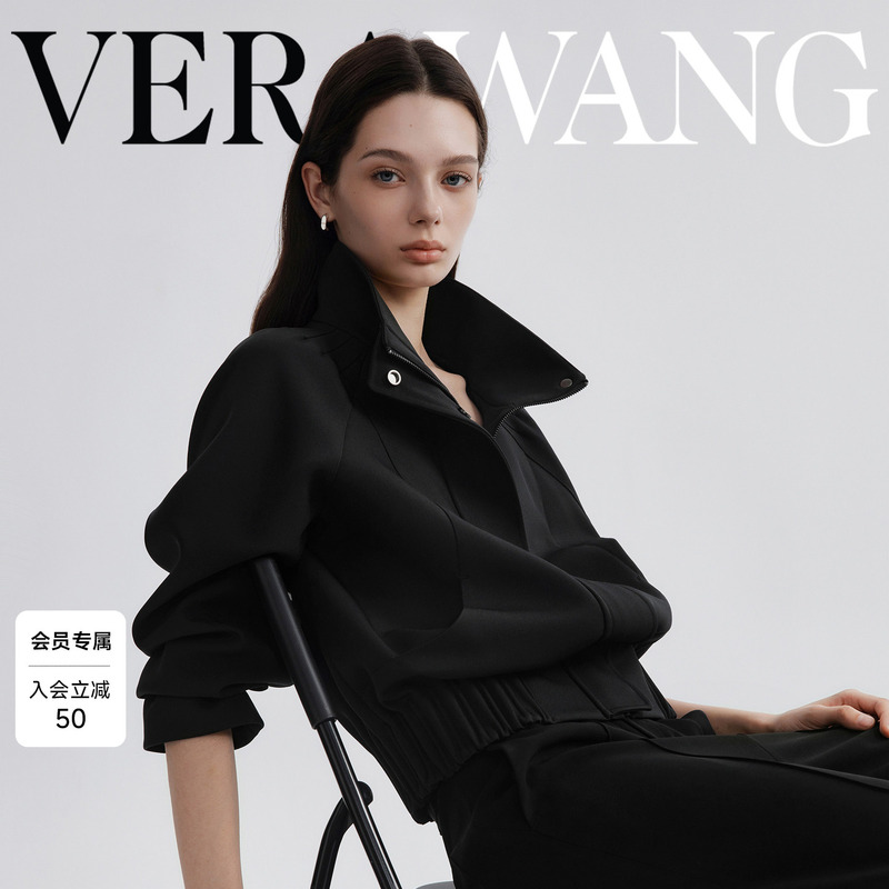 【New on 9.6】Verawang Black Stand Collar Oversized Jacket for Women, Autumn Designer Thin Luxury Short Coat