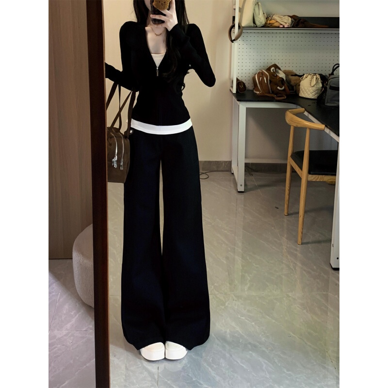 Korean Uamtor Fake Two-Piece Slim-Fit Top Set for Women, Autumn Style, Slimming Wide-Leg Pants, Casual Sports Two-Piece Set Korean Uamtor Fake Two-Piece Slim-Fit Top Set for Women, Autumn Style, Slimming Wide-Leg Pants, Casual Sports Two-Piece Set