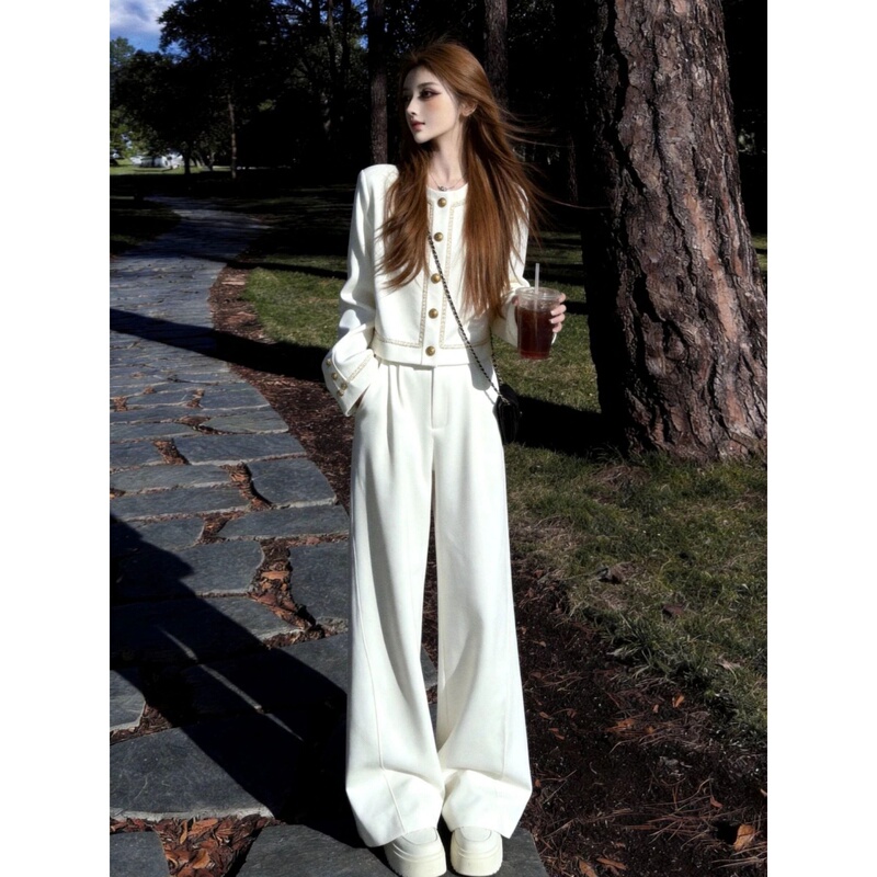 Uamtor Korean Style Ootd Outfit Complete Set Petite Chic White Top Women's Autumn Wide-Leg Pants Suit