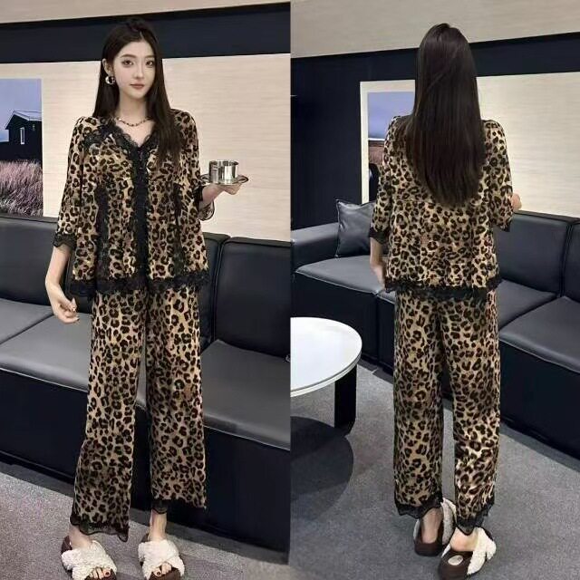 [Hot-Selling Item] Stylish Leopard Print Lace-Trimmed Pajamas with Chest Pads, Comfortable and Casual, Suitable for All Seasons Wlw Leopard Print Pajamas