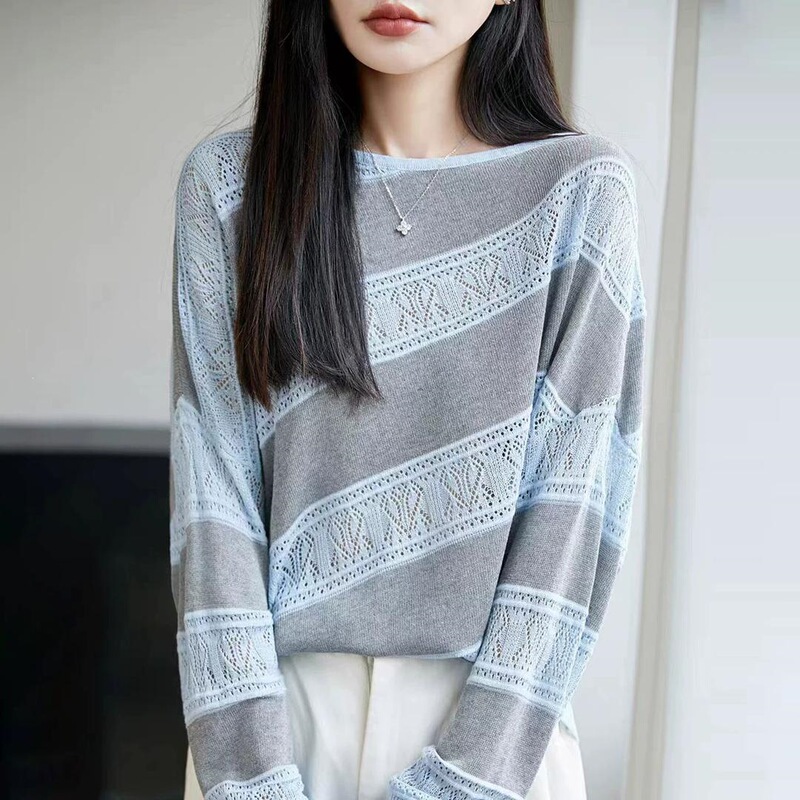 Stylish Lazy-Style Hollow-Out Loose Striped Knit Sweater with Fashionable Color-Blocking Casual Long-Sleeve Base Knit Sweater Stylish Lazy-Style Hollow-Out Loose Striped Knit Sweater with Fashionable Color-Blocking Casual Long-Sleeve Base Knit Sweater