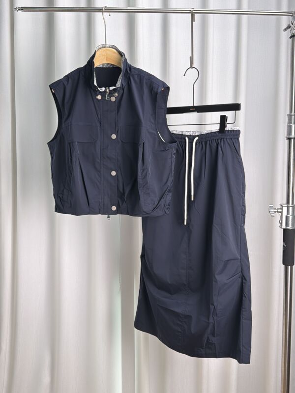 [Angel Exclusive] High-Quality Imported Fabric Navy Blue Pocket Casual Sleeveless Skirt Suit 5577