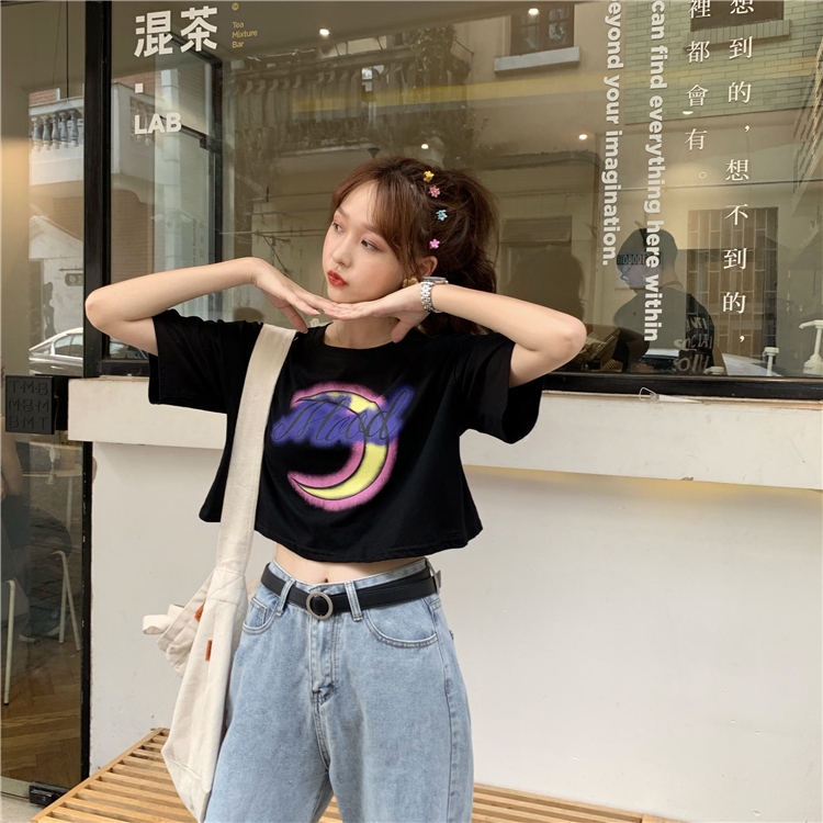 Áo sơ mi thắt lưng màu trắng áo thun nữ mùa hè ngắn tay sinh viên cao eo bị rò rỉ rốn lỏng bông thủy triều - Áo phông áo tay lỡ form rộng hàn quốc