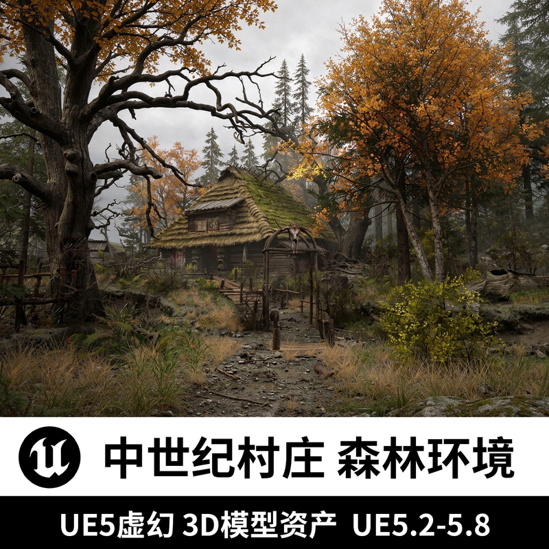 Ue5 Unreal Engine Medieval Forest Village 3D Model Wilderness Wooden Houses Thatched Huts Outdoor Environment Trees Vegetation