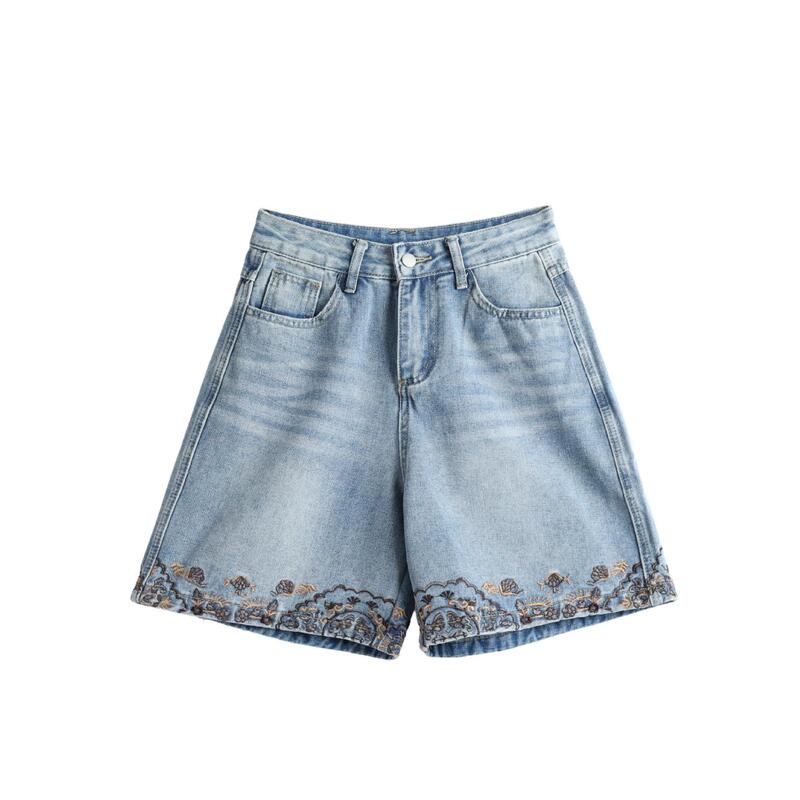 【Midsummer Blues】High-Waisted Washed Embroidered Denim Shorts Dxk5387 【Midsummer Blues】High-Waisted Washed Embroidered Denim Shorts Dxk5387