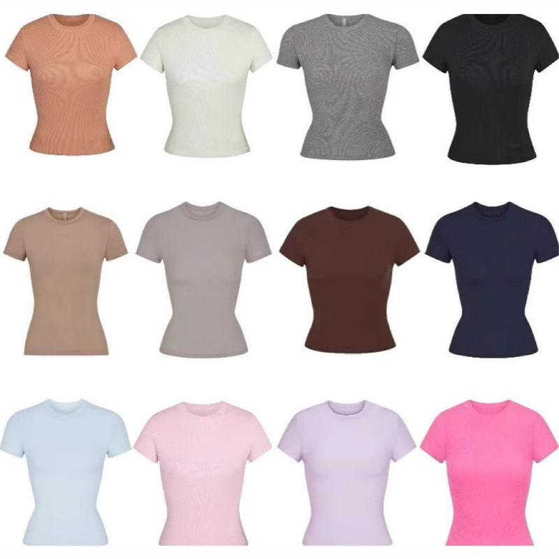 Skims Kim Kardashian Top T-Shirt Short-Sleeved Stretchy Slim Fit Kylie Same Style Ribbed Pure Cotton Round Neck Base Layer Skims Kim Kardashian Top T-Shirt Short-Sleeved Stretchy Slim Fit Kylie Same Style Ribbed Pure Cotton Round Neck Base Layer