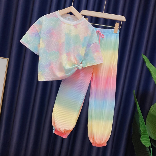 Girls gradient color suit 2023 summer new children's clothing foreign style short-sleeved baby girl casual rainbow two-piece suit