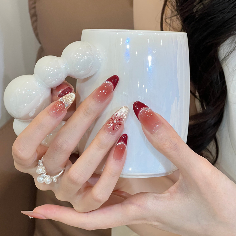 Original Color Nude Gradient Wearable Nails, Wine Red French Almond Manicure, Hand-Painted Fireworks, New Year's Whitening High-End Nail Pieces Original Color Nude Gradient Wearable Nails, Wine Red French Almond Manicure, Hand-Painted Fireworks, New Year's Whitening High-End Nail Pieces