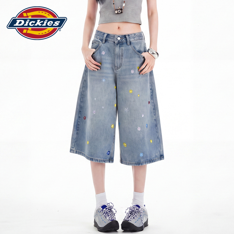 Dickies American-Style Embroidered Cropped Jeans for Women, New Summer Slim-Fit Wide-Leg 7/8 Pants for Petite Figures Dickies American-Style Embroidered Cropped Jeans for Women, New Summer Slim-Fit Wide-Leg 7/8 Pants for Petite Figures