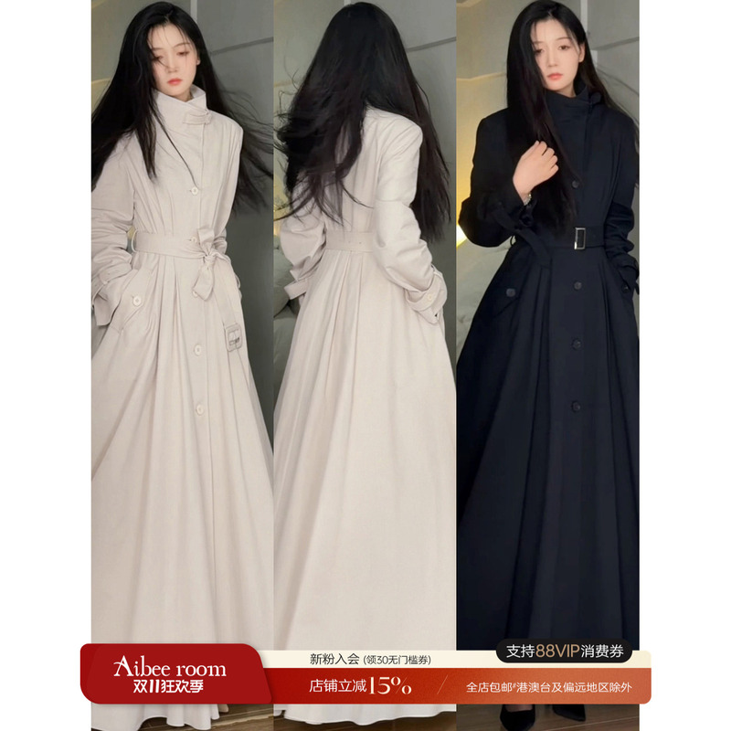 Sun Xiaoju's Special Edition Trench Coat, Autumn Stand-Up Collar Trench Coat for Women, Waist-Cinching with Tie, Long Coat with a Large Hem Sun Xiaoju's Special Edition Trench Coat, Autumn Stand-Up Collar Trench Coat for Women, Waist-Cinching with Tie, Long Coat with a Large Hem