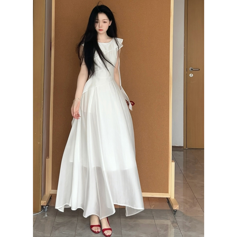 Sun Xiaoju's "White Water" Cool Style White Moonlight Tencel Flutter Sleeve Waist-Cinching Long Dress with Ribbons That Makes You Look Slimmer