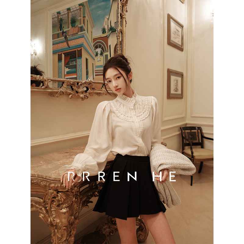 Rrren He【Paris Morning】Vintage Court Style Heavy Lace Stand Collar Shirt for Women Autumn Puff Sleeve Top Rrren He【Paris Morning】Vintage Court Style Heavy Lace Stand Collar Shirt for Women Autumn Puff Sleeve Top