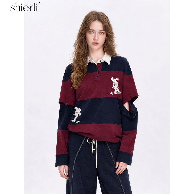 Shierli Skiing Figure Wide Stripe Polo Shirt 2026 Autumn New Vintage Style Long Sleeve T-Shirt for Women
