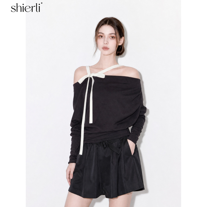 Shierli Early Autumn Gentle Atmosphere Off-Shoulder One-Shoulder Top for Women with Contrasting Color Bow Ribbon Long-Sleeve T-Shirt Shierli Early Autumn Gentle Atmosphere Off-Shoulder One-Shoulder Top for Women with Contrasting Color Bow Ribbon Long-Sleeve T-Shirt