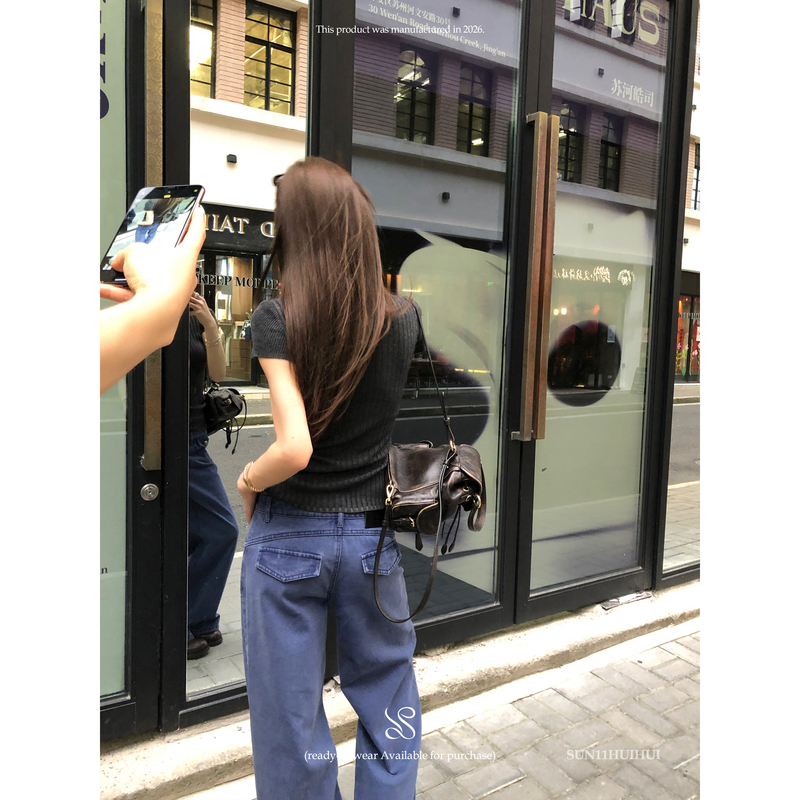 Sun11【French-Style Vintage Blue Pants】American Retro Straight-Leg Jeans for Women, Autumn Drapey Loose Slimming Long Pants